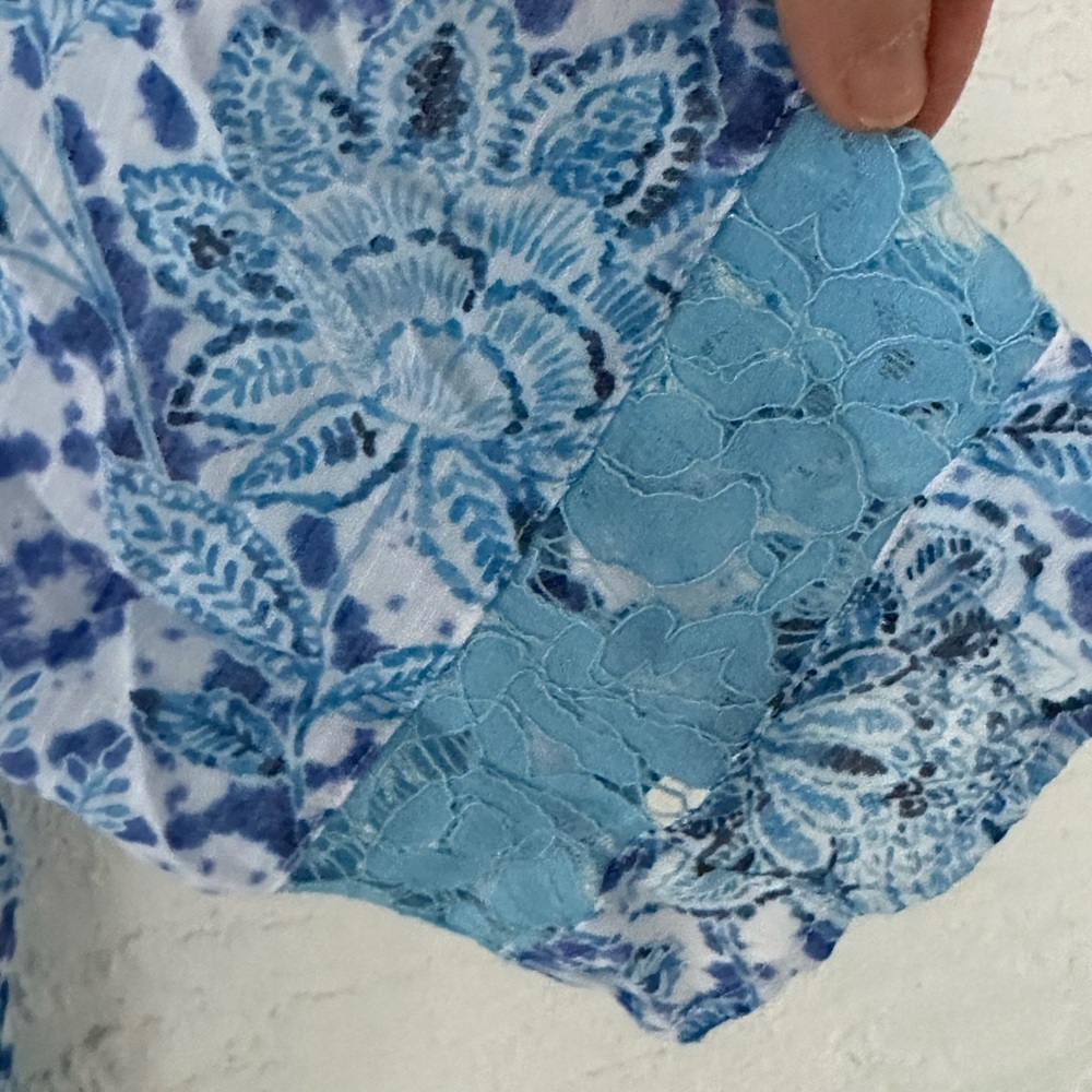 Zac & Rachel Blouse Tie Front Floral Lace Pullover Blue White XL - Picture 4 of 5